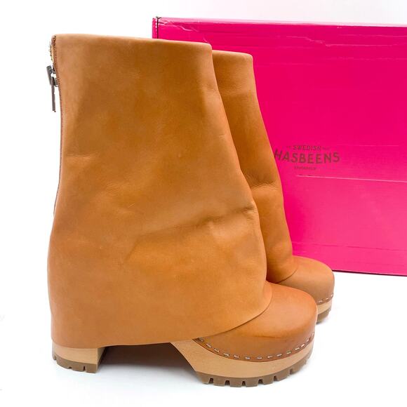 Swedish Hasbeens Bootcut Boot Nature Brown Leather Foldover Sz 40 / 10 - Picture 2 of 12